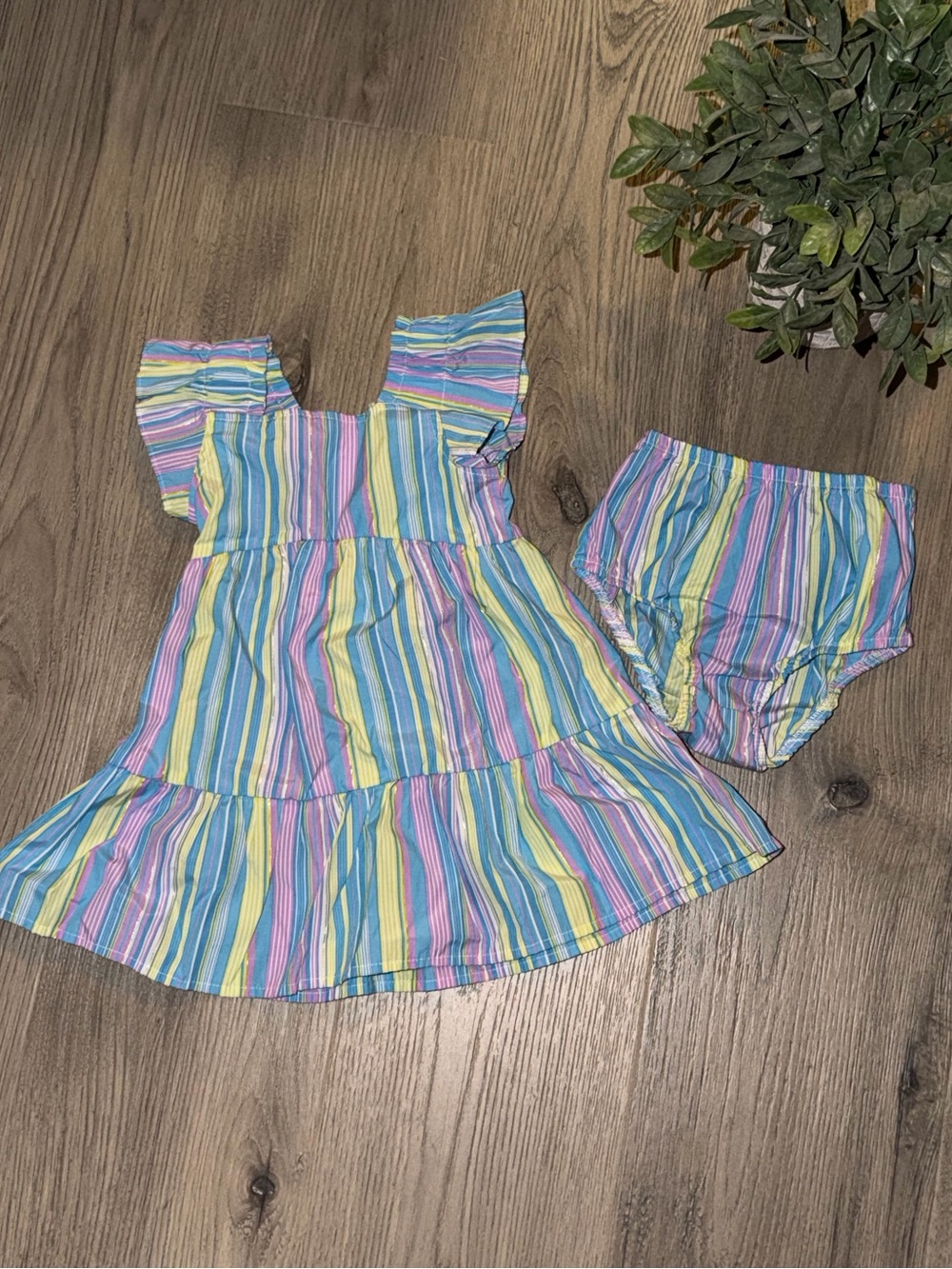 Baby Girl Pastel Stripe Ruffle Dress with Bloomer
